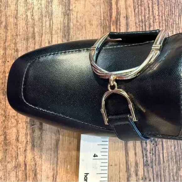 Black Leather square Toe Loafer Heels Gold Hardware Size 5 NWOT - Picture 10 of 11